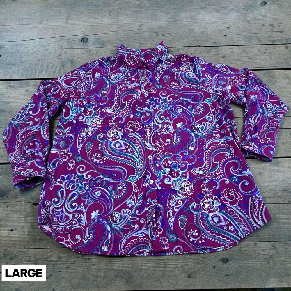 Vintage Mainstreet Blues Button Up Shirt Mens LARGE Paisley Purple‎ Pink Western